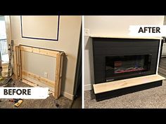 before and after pictures of a fireplace being installed in a living room with carpeted flooring