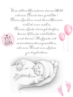 a baby's birth card with pink balloons