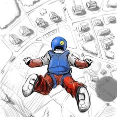 a drawing of a person wearing a blue helmet and red pants sitting in the air