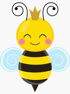 a cartoon bee with a crown on its head and eyes, sitting in front of a white background