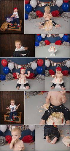 a collage of photos shows a baby sitting in front of a cake and eating it