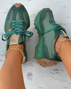 Lace up Suede Muffin Sneakers – verytown Basket Style, Green Sneakers, Cute Sneakers, Chic Type, Swag Shoes, Gym Shoes, Round Toe Heels, Suede Lace, Sneakers Outfit