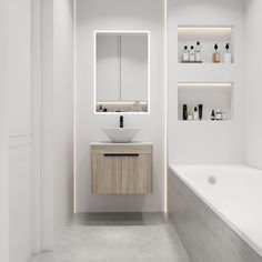 a bathroom with a sink, bathtub and shelves on the wall next to it