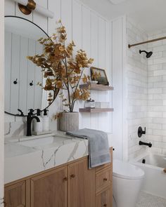 a bathroom with white walls and wooden cabinets