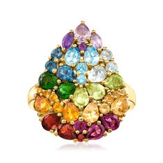 Ross-Simons - 3.89ct t. w. Multi-Gemstone Teardrop Ring in 18kt Yellow Gold Over Sterling. Size 8. Nothing brings more delight to your day then catching a glimpse of a rainbow! This chromatic ring embodies that magical sensation, featuring a vibrant array of 3.89 ct. tot. gem wt. pear and marquise citrine, peridot, chrome diopside, garnet, rhodolite garnet, tonal blue topaz and amethyst gems arranged into a teardrop. Set in 18kt yellow gold over sterling silver. 7/8" wide. Multi-gemstone teardro Fine Jewelry Pear-shaped Multi-stone, Fine Jewelry Gemstone Drop Rings, Pear-shaped Multi-stone Fine Jewelry Ring, Yellow Gold Teardrop Gemstones For Anniversary, Anniversary Yellow Gold Teardrop Gemstones, Yellow Gold Multi-stone Teardrop Rings, Multicolor Pear-shaped Jewelry For Anniversary, Rose Gold Heart Ring, Emerald Necklace Pendant