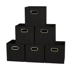 six black storage bins stacked on top of each other