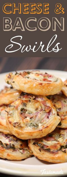 bacon and cheese mini quiches stacked on top of each other with text overlay