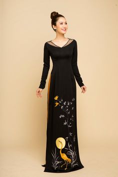 V neck Fabric: Crepe, embroidery Long sleeves Type: modern ao dai Garment Cover, فستان سهرة, Painted Clothes, Lace Design, Japanese Fashion, Black Silk, Dress Clothes For Women, Traditional Dresses, Hand Embroidered