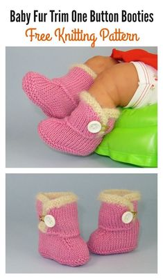 two pictures of baby booties with buttons on them