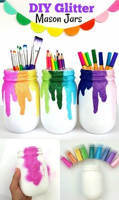 three jars with different colored paint on them and one is filled with crayons