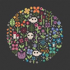 a cross stitch pattern with flowers and skulls in the center on a black background,