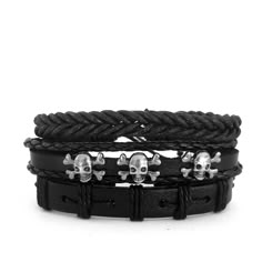 Whether you are into riding, playing your guitar or just hanging out and relaxing, this skull leather bracelet set will go well with any of your outfit. This bracelet set comes with 3 separate bracelets. You can wear them as a set or individually to create a different look every time. The set consists of metal skulls, beads, leather and studs. Product Information Bracelet set comes with 3 separate bracelets Material: leather/faux leather Chain Type: rope chain Length: adjustable 7 - 8.5 inches M Emo Bracelets, Studded Bracelet, Skull Accessories, Gothic Bracelet, Girl Punk, Metal Skull, Black Bracelet, Emo Outfits, Black Bracelets