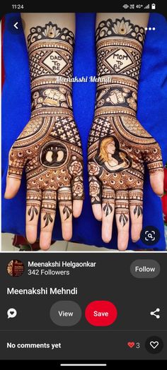 two hands with henna tattoos on them and the words meenashi mehndi written