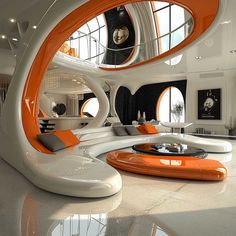 an orange and white living room with round windows