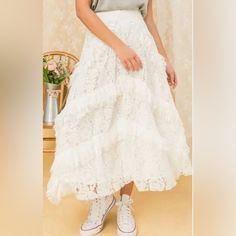 Nwt Absolutely Stunning Skirt. Has Lining Underneath And Side Zipper. In The Pictures! Faerie Clothes, Elven Wedding Dress, White Lace Skirt, Lace Midi Skirt, White Lilies, Lace Midi, Wedding Sneaker, Lace Skirt, Ruffles