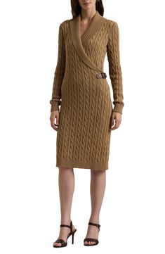 This cable-knit sweater dress styled with a flattering shawl collar and a wrapped-style sihouette is made from gassed cotton for a soft hand. Slips on over head Shawl collar Long sleeves 97% cotton, 3% other fibers Machine wash, dry flat Imported Elegant Cable Knit Dresses For Fall, Elegant Cable Knit Sweater Dress, Elegant Fitted Cable Knit Sweater Dress, Chic V-neck Knit Sweater Dress, Elegant Knee-length Cable Knit Sweater Dress, Luxury V-neck Sweater Dress For Women, Elegant V-neck Non-stretch Sweater Dress, Chic Stretch V-neck Sweater Dress, Beige V-neck Stretch Sweater Dress