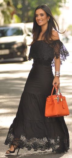 Sukienki Maksi, Bride Elegant, Sophia Black, Rok Outfit, Orange Handbag, Summer Apparel, Color Trends Fashion, Dress 2015, Cooler Look