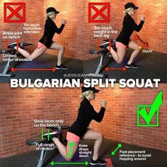 there is a woman doing squats on a bench with the instructions to do it