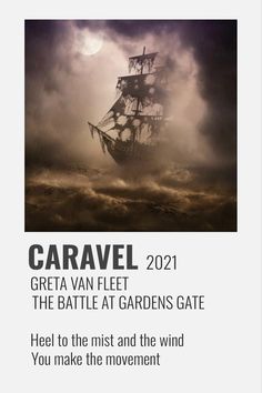 a pirate ship floating in the ocean under a cloudy sky with text that reads caravel