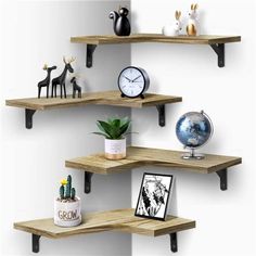 three wooden shelves with various items on them