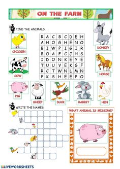 the farm word search is shown with animals