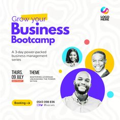 a flyer for a business boot camp with three people smiling and looking at the camera