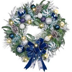 a christmas wreath with blue and white ornaments