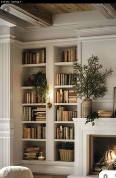 a living room filled with furniture and a fire place in front of a book shelf