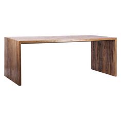 a wooden table sitting on top of a white wall