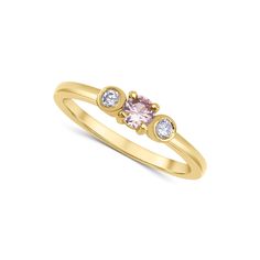 a yellow gold ring with two pink and white diamonds