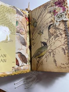 an open book with birds and flowers on it