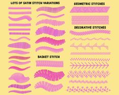 the different types of stitching stitches and their names are shown in pink on a yellow background