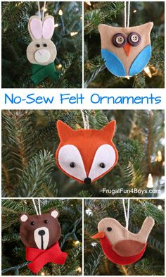 the ornaments are made out of felt and decorated with different types of animals, including an owl