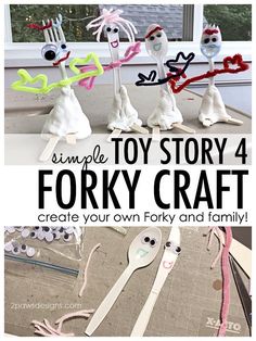 four forks and spoons made to look like toy story book characters with text overlay that reads, simple toy story 4 forky craft create your own fork and family