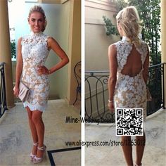 Sexy Short Dress Stand Neck Cutout Open Back White Lace Applique Prom Cocktail Dress Party Gown - http://www.onestopweddingstore.com/products/sexy-short-dress-stand-neck-cutout-open-back-white-lace-applique-prom-cocktail-dress-party-gown/ White Lace Cocktail Dress, Lace Cocktail Dresses, Cocktail Dress Maternity, Cheap Gowns, Prom Dresses 2016, Mini Homecoming Dresses, Cocktail Dress Prom, Lace Party Dresses