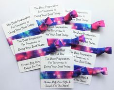 five different types of bows with the words best preparation written on them, all in purple and blue