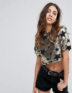 Glamorous | Shop Glamorous for dresses, tops, vests, jackets & coats | ASOS Vintage Sequin Top, Sequin Crop Top, Asos Petite, Crew Neck Top, Sequin Top, Embroidered Top, Print Top, Star Print, Gold Glitter