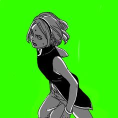 a drawing of a girl in black and white running on a green screen with her hair pulled back