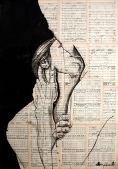 a drawing of a person holding their head in front of a wall covered with sheet music