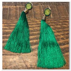 Green & Gold Circles With A Unique Design With Silk Thread Green Tassels Hanging 4”. Stud Back Posts. New Green Tassel Earrings, Silk Thread, Earrings Color, Green Gold, Tassel Earrings, Green And Gold, Circles, Tassels, Unique Design