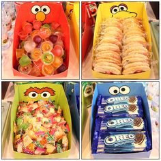 four different boxes filled with candy and cookies, each containing an angry bird cookie bar