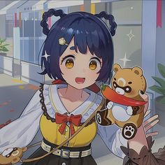 an anime character holding a teddy bear