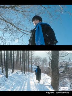 two pictures one with a man walking in the snow while the other has a blue scarf around his neck