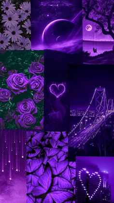 purple and green wallpapers with hearts, flowers, trees, bridge and moon in the sky