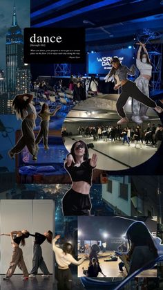 the collage shows people dancing and posing in various poses, with city lights behind them