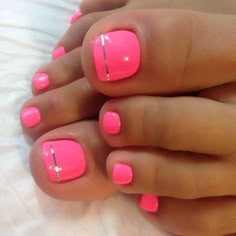 Beach Vacay Toenails, Pedicure Valentines Design, Hot Pink Toenails With Design, Toenails For The Beach, Hot Pink French Pedicure, Pedicure Art Ideas, Pink Beach Nails Summer Time, Easy Toenail Painting Ideas, Best Toenail Polish Color