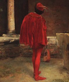 a painting of a woman in red holding a bag