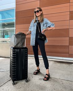 My Favorite Airport Outfits & Travel Essentials for Jetsetters - Fashion Jackson, Denim Shacket, black joggers, Chanel dad sandals, Amazon essentials hardshell suitcase Joggers And Shirt Outfit, Denim Shaket Outfits, Denim Shaket Jacket Outfit, Denim Jacket Airport Outfit, Oversize Denim Shirt Outfit, Denim Shirt Jacket Outfit, Black Joggers Outfit Work, Chanel Sandals Outfit, Chanel Dad Sandals Outfit