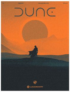 the poster for dune is shown in front of an orange sky with a silhouette of a man