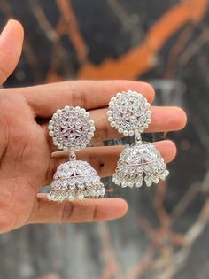 White Earrings Aesthetic, White Jhumka Earrings, White Jhumka, Polki Jhumkas, Trendy Silver Jewelry, Bridal Jewellery Inspiration, Heart Wedding Rings, Beautiful Tiaras